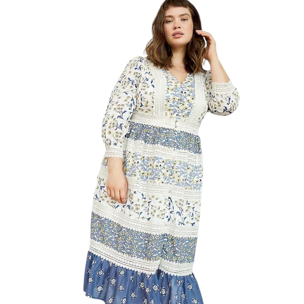 Anthropologie Blue and Cream Floral Midi Dress